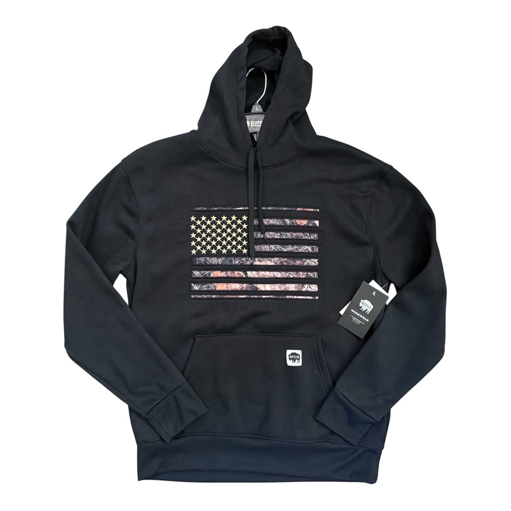 Men’s Black Pull Over Camo Embroidered American Flag Sweater Hoodie Size: LG